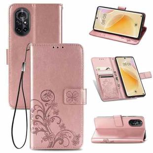 For Huawei  Nova 8  Four-leaf Clasp Embossed Buckle Mobile Phone Protection Leather Case with Lanyard & Card Slot & Wallet & Bracket Function(Rose Gold)