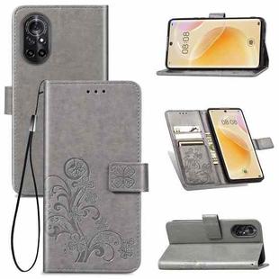 For Huawei  Nova 8  Four-leaf Clasp Embossed Buckle Mobile Phone Protection Leather Case with Lanyard & Card Slot & Wallet & Bracket Function(Gray)
