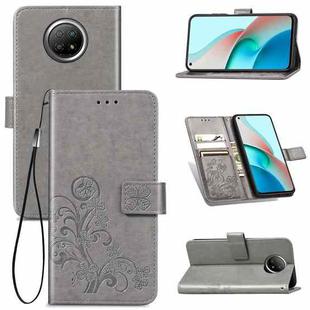 For Xiaomi Redmi Note 9 5G Four-leaf Clasp Embossed Buckle Mobile Phone Protection Leather Case with Lanyard & Card Slot & Wallet & Bracket Function(Gray)