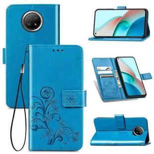 For Xiaomi Redmi Note 9 5G Four-leaf Clasp Embossed Buckle Mobile Phone Protection Leather Case with Lanyard & Card Slot & Wallet & Bracket Function(Blue)