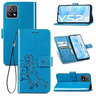 For vivo Y52s Four-leaf Clasp Embossed Buckle Mobile Phone Protection Leather Case with Lanyard & Card Slot & Wallet & Bracket Function(Blue)