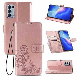 For OPPO Reno5 5G Four-leaf Clasp Embossed Buckle Leather Phone Case with Lanyard & Card Slot & Wallet & Holder(Rose Gold)