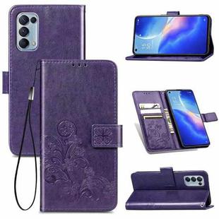 For OPPO Reno5 5G Four-leaf Clasp Embossed Buckle Leather Phone Case with Lanyard & Card Slot & Wallet & Holder(Purple)