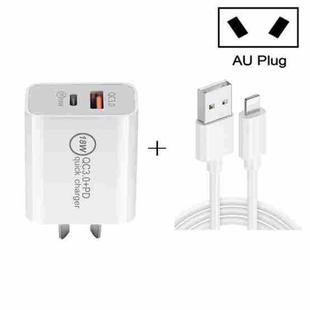 SDC-18W 18W PD 3.0 Type-C / USB-C + QC 3.0 USB Dual Fast Charging Universal Travel Charger with USB to 8 Pin Fast Charging Data Cable, AU Plug