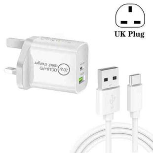 SDC-20WA+C 20W PD 3.0 + QC 3.0 USB Dual Fast Charging Universal Travel Charger with USB to Type-C / USB-C Fast Charging Data Cable, UK Plug