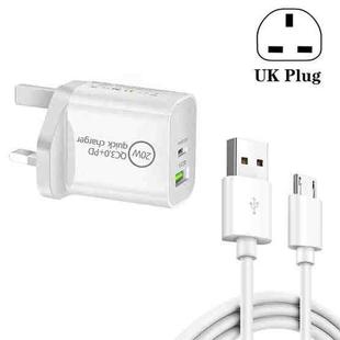 SDC-20WA+C 20W PD + QC 3.0 USB Dual Fast Charging Universal Travel Charger with USB to Micro USB Fast Charging Data Cable, UK Plug