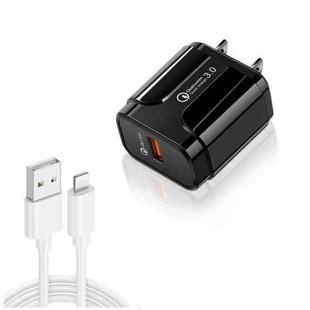 LZ-023 18W QC 3.0 USB Portable Travel Charger + 3A USB to 8 Pin Data Cable, US Plug(Black)