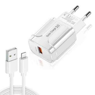 LZ-023 18W QC 3.0 USB Portable Travel Charger + 3A USB to 8 Pin Data Cable, EU Plug(White)