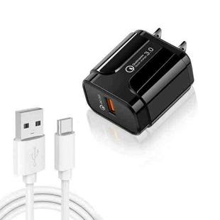 LZ-023 18W  QC3.0 USB Portable Travel Charger + 3A USB to Type-C Data Cable, US Plug(Black)