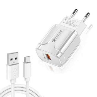 LZ-023 18W QC 3.0 USB Portable Travel Charger + 3A USB to Type-C Data Cable, EU Plug(White)