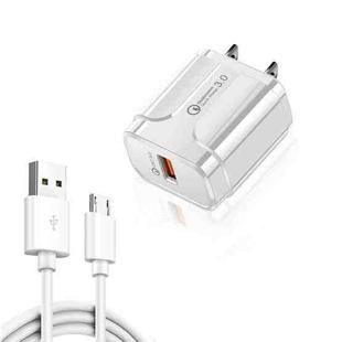 LZ-023 18W QC 3.0 USB Portable Travel Charger + 3A USB to Micro USB Data Cable, US Plug(White)