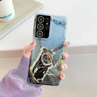 Four Corners Anti-Shattering Gold Marble IMD Phone Case with Metal Rhinestone Ring Holder For Samsung Galaxy S21 Plus 5G(Black LQ1)