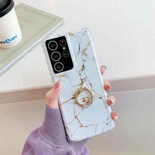 Four Corners Anti-Shattering Gold Marble IMD Phone Case with Metal Rhinestone Ring Holder For Samsung Galaxy S21 Plus 5G(White LQ2)