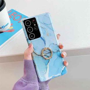 Four Corners Anti-Shattering Gold Marble IMD Phone Case with Metal Rhinestone Ring Holder For Samsung Galaxy S21 Plus 5G(Light Blue LQ6)