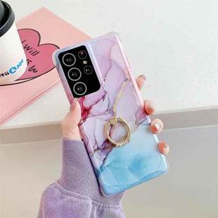 Four Corners Anti-Shattering Gold Marble IMD Phone Case with Metal Rhinestone Ring Holder For Samsung Galaxy S21 Ultra 5G(Purple Blue LQ3)