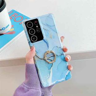 Four Corners Anti-Shattering Gold Marble IMD Phone Case with Metal Rhinestone Ring Holder For Samsung Galaxy S21 Ultra 5G(Light Blue LQ6)