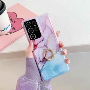 Four Corners Anti-Shattering Gold Marble IMD Phone Case with Metal Rhinestone Ring Holder For Samsung Galaxy S20 FE / S20 Lite(Purple Blue LQ3)