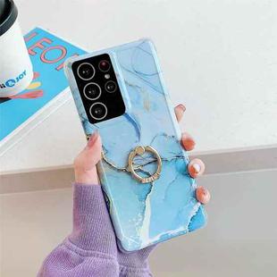 Four Corners Anti-Shattering Gold Marble IMD Phone Case with Metal Rhinestone Ring Holder For Samsung Galaxy S20 Ultra(Light Blue LQ6)
