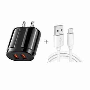 Dual USB Portable Travel Charger + 1 Meter USB to Type-C Data Cable, US Plug(Black)