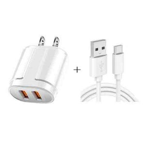 Dual USB Portable Travel Charger + 1 Meter USB to Type-C Data Cable, US Plug(White)