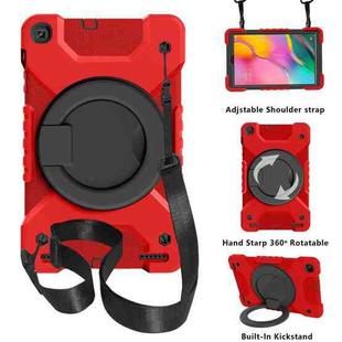 For Samsung Galaxy Tab A 10.1 T510 / T515 PC + Silicone Shockproof Combination Case with 360 Degree Rotating Holder & Handle & Shoulder Strap(Red+Black)