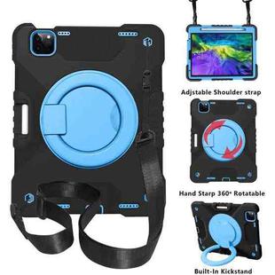 For iPad Pro 11 (2018/2020) PC + Silicone Shockproof Combination Tablet Case with 360 Degree Rotating Holder & Handle & Shoulder Strap(Black+Blue)
