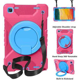 For Samsung Tab A7 10.4 (2020) T500/T505 PC + Silicone Shockproof Combination Case with 360 Degree Rotating Holder & Handle & Shoulder Strap(RoseRed+Blue)