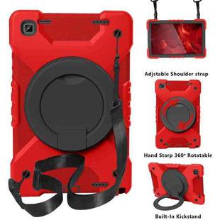 For Samsung Tab A7 10.4 (2020) T500/T505 PC + Silicone Shockproof Combination Case with 360 Degree Rotating Holder & Handle & Shoulder Strap(Red+Black)