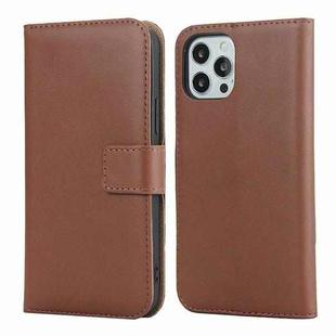 For iPhone 12 / 12 Pro Plain Texture Cowhide Leather Horizontal Flip Case with Magnetic Clasp & Holder & Card Slots & Wallet(Brown)