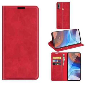 For Motorola Moto E7 Power Retro-skin Business Magnetic Suction Leather Case with Holder & Card Slots & Wallet(Red)