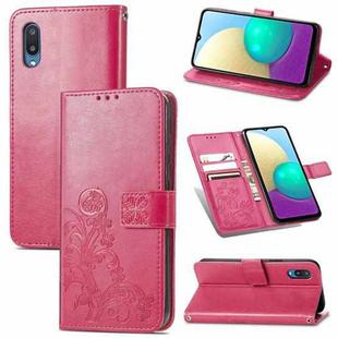 For Samsung Galaxy A02 Four-leaf Clasp Embossed Buckle Mobile Phone Protection Leather Case with Lanyard & Card Slot & Wallet & Bracket Function(Rose Red)