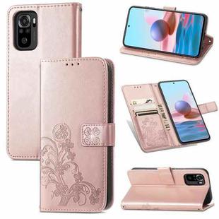 For Xiaomi Redmi Note 10 4G Four-leaf Clasp Embossed Buckle Mobile Phone Protection Leather Case with Lanyard & Card Slot & Wallet & Bracket Function(Rose Gold)