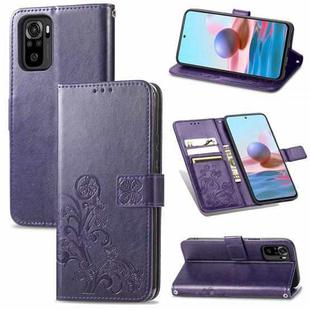 For Xiaomi Redmi Note 10 4G Four-leaf Clasp Embossed Buckle Mobile Phone Protection Leather Case with Lanyard & Card Slot & Wallet & Bracket Function(Purple)