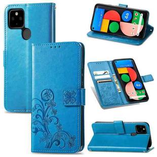 For Google Pixel 5A Four-leaf Clasp Embossed Buckle Mobile Phone Protection Leather Case with Lanyard & Card Slot & Wallet & Bracket Function(Blue)