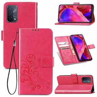 For OPPO A93 5G Four-leaf Clasp Embossed Buckle Mobile Phone Protection Leather Case with Lanyard & Card Slot & Wallet & Bracket Function(Rose Red)