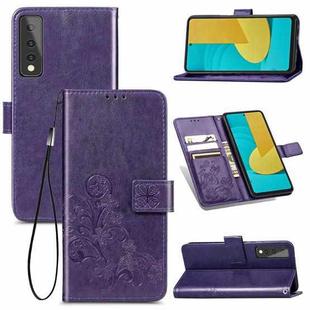 For LG Stylo 7 Four-leaf Clasp Embossed Buckle Mobile Phone Protection Leather Case with Lanyard & Card Slot & Wallet & Bracket Function(Purple)