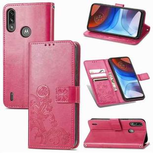 For Motorola E7 Power Four-leaf Clasp Embossed Buckle Mobile Phone Protection Leather Case with Lanyard & Card Slot & Wallet & Bracket Function(Rose Red)