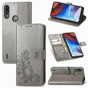 For Motorola E7 Power Four-leaf Clasp Embossed Buckle Mobile Phone Protection Leather Case with Lanyard & Card Slot & Wallet & Bracket Function(Grey)