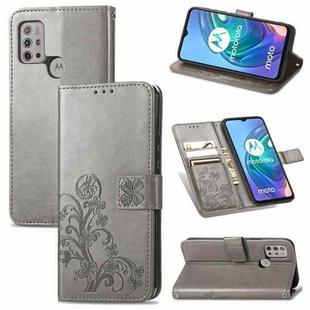 For Motorola Moto G10 , G30 Four-leaf Clasp Embossed Buckle Mobile Phone Protection Leather Case with Lanyard & Card Slot & Wallet & Bracket Function(Grey)