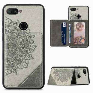 For Xiaomi Mi 8 Lite Mandala Embossed Magnetic Cloth PU+TPU+PC Case with Holder & Card Slots & Wallet & Photo Frame(Grey)