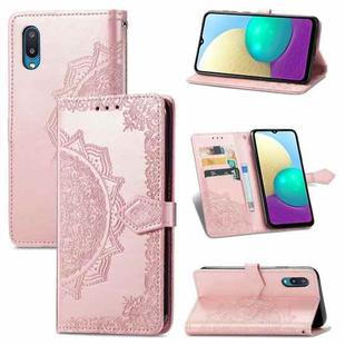 For Samsung Galaxy A02 Mandala Flower Embossed Horizontal Flip Leather Case with Bracket / Card Slot / Wallet / Lanyard(Rose Gold)