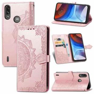 For Motorola Moto E7 Power Mandala Flower Embossed Horizontal Flip Leather Case with Bracket / Card Slot / Wallet / Lanyard(Rose Gold)