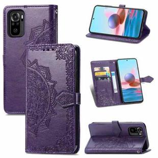 For Xiaomi Redmi Note 10 4G Mandala Flower Embossed Horizontal Flip Leather Case with Bracket / Card Slot / Wallet / Lanyard(Purple)