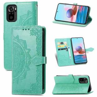 For Xiaomi Redmi Note 10 4G Mandala Flower Embossed Horizontal Flip Leather Case with Bracket / Card Slot / Wallet / Lanyard(Green)