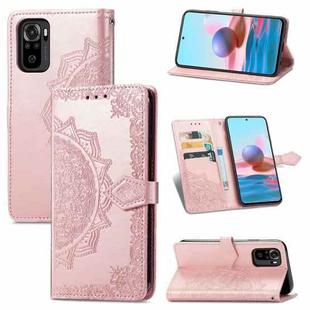 For Xiaomi Redmi Note 10 4G Mandala Flower Embossed Horizontal Flip Leather Case with Bracket / Card Slot / Wallet / Lanyard(Rose Gold)