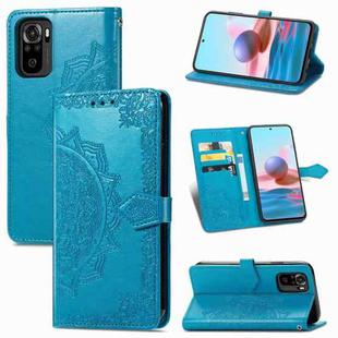 For Xiaomi Redmi Note 10 4G Mandala Flower Embossed Horizontal Flip Leather Case with Bracket / Card Slot / Wallet / Lanyard(Blue)