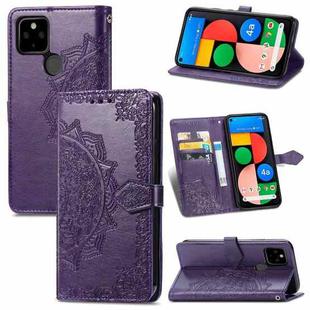 For Google Pixel 5A Mandala Flower Embossed Horizontal Flip Leather Case with Bracket / Card Slot / Wallet / Lanyard(Purple)