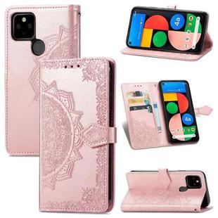 For Google Pixel 5A Mandala Flower Embossed Horizontal Flip Leather Case with Bracket / Card Slot / Wallet / Lanyard(Rose Gold)