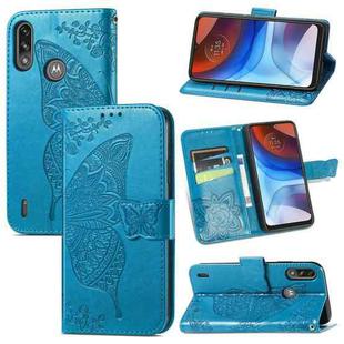 For Motorola Moto E7 Power Butterfly Love Flower Embossed Horizontal Flip Leather Case with Bracket & Card Slot & Wallet & Lanyard(Blue)