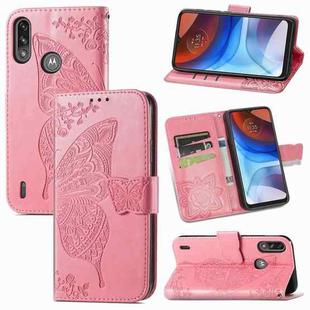 For Motorola Moto E7 Power Butterfly Love Flower Embossed Horizontal Flip Leather Case with Bracket & Card Slot & Wallet & Lanyard(Pink)